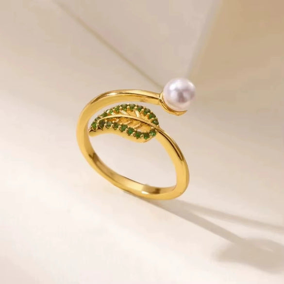Wholesale Ring Imitation Pearl Stainless Steel Geometric 18K Gold Plated Set With Diamonds For Women