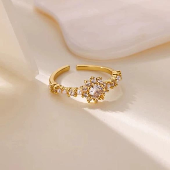 Wholesale Ring Imitation Pearl Stainless Steel Geometric 18K Gold Plated Set With Diamonds For Women