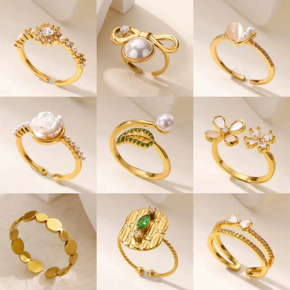 Wholesale Ring Imitation Pearl Stainless Steel Geometric 18K Gold Plated Set With Diamonds For Women