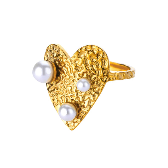 Wholesale Ring Imitation Pearl Stainless Steel Heartshaped Geometric Retro Simple Inlay Electroplated For Women
