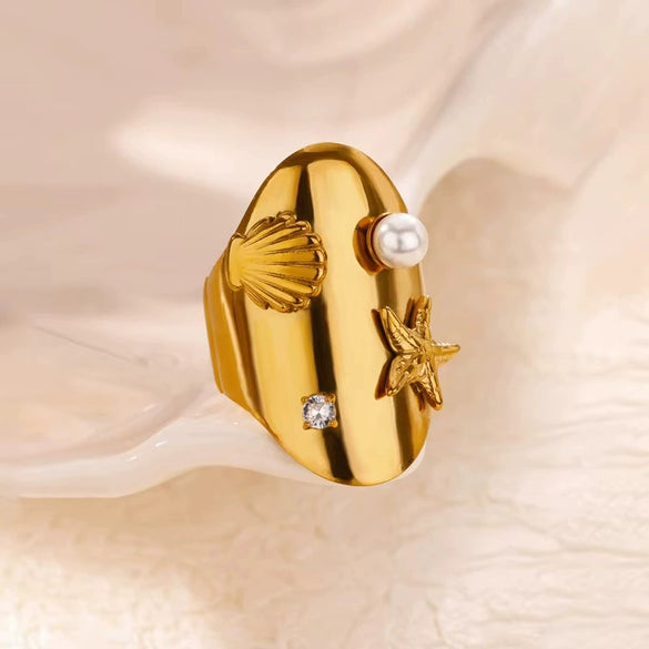 Wholesale Ring Imitation Pearl Stainless Steel Heartshaped Geometric Retro Simple Inlay Electroplated For Women