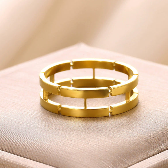 Wholesale Ring Jewelry Stainless Steel Geometric Hollow Rectangular Electroplated Light Luxury Unisex
