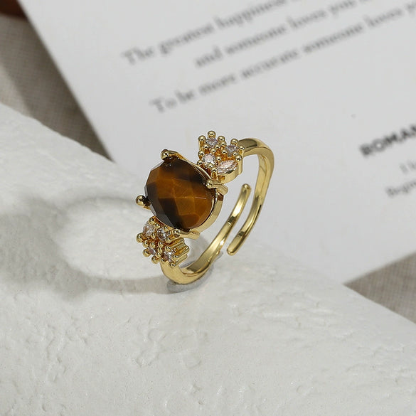 Wholesale Ring Metal Geometric Tiger's Eye Stone Inlay Vintage Court Style