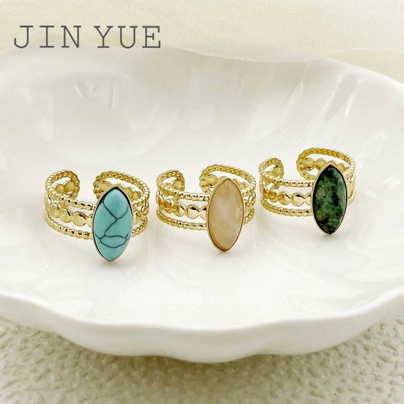 Wholesale Ring Natural Stone Three Layer Open Stainless Steel French Retro Geometric Electroplated