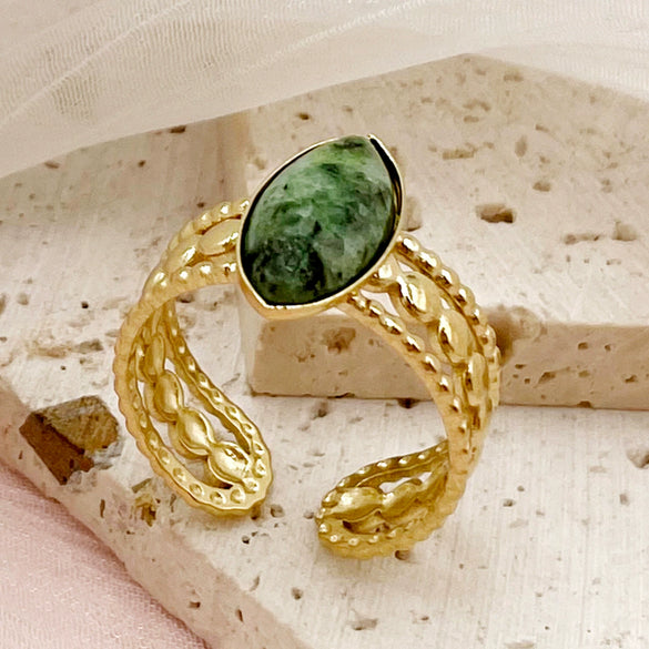 Wholesale Ring Natural Stone Three Layer Open Stainless Steel French Retro Geometric Electroplated