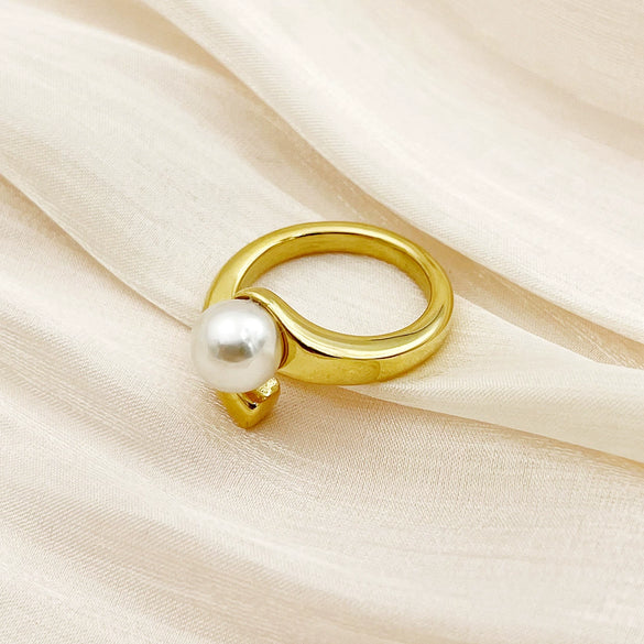 Wholesale Ring Pearl Doubleheaded Stainless Steel Goldplated French Classical Art Style