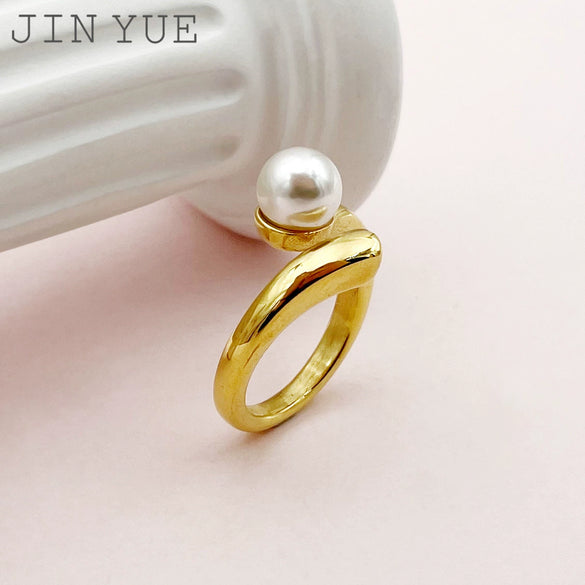 Wholesale Ring Pearl Doubleheaded Stainless Steel Goldplated French Classical Art Style