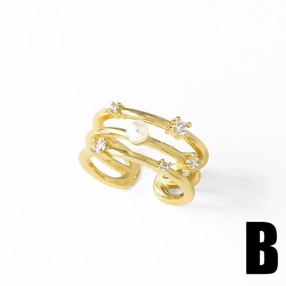 Wholesale Ring Pearl Flower Double Layer Copper 18K Gold Plated Geometric Minimalist Style