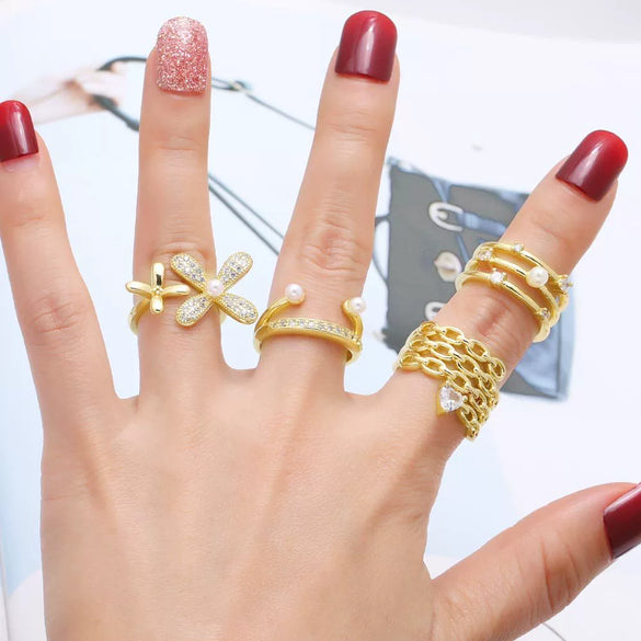 Wholesale Ring Pearl Flower Double Layer Copper 18K Gold Plated Geometric Minimalist Style