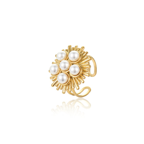 Wholesale Ring Retro Asymmetrical Line Pearl Style Stainless Steel 18K Gold Plated