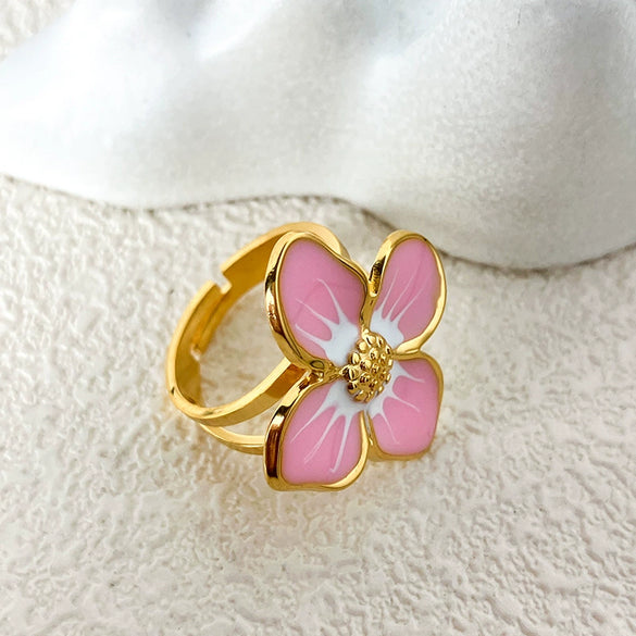 Wholesale Ring Retro Palace Style Dripping Peach Pink Flower Stainless Steel Electroplating For Women