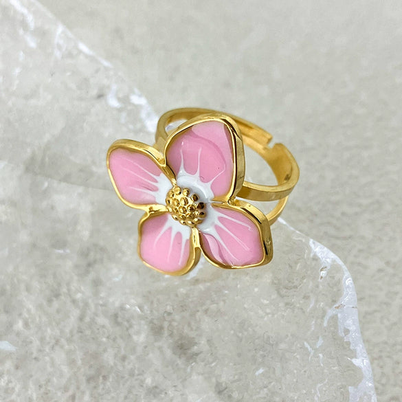 Wholesale Ring Retro Palace Style Dripping Peach Pink Flower Stainless Steel Electroplating For Women