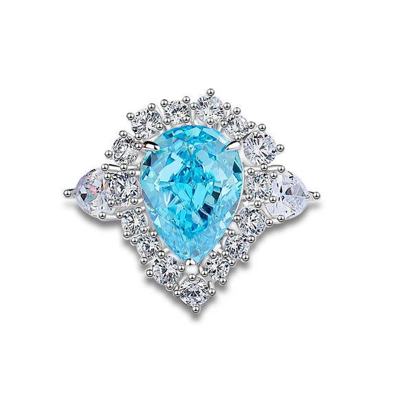 Wholesale Ring S925 Silver Water Drop Shape Aquamarine Simulation Diamond