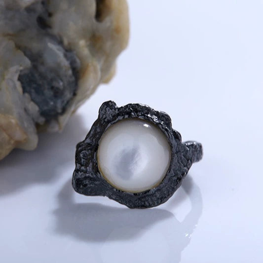 Wholesale Ring S925 Sterling Silver Inlaid Abalone And White Fritillaria Geometric Style