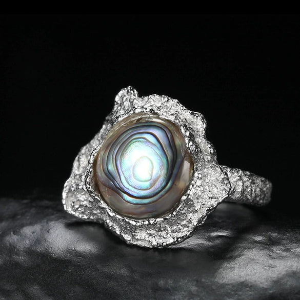 Wholesale Ring S925 Sterling Silver Inlaid Abalone And White Fritillaria Geometric Style