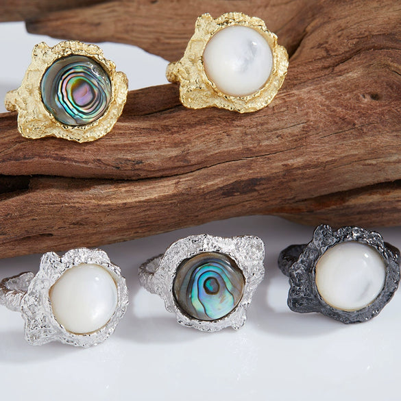 Wholesale Ring S925 Sterling Silver Inlaid Abalone And White Fritillaria Geometric Style
