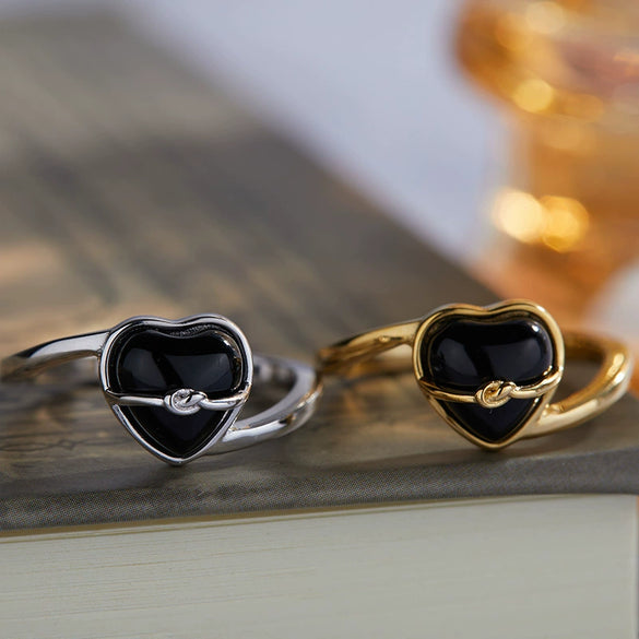 Wholesale Ring S925 Sterling Silver Inlaid Natural Black Agate Heart Shaped Original Design