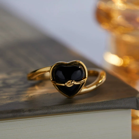 Wholesale Ring S925 Sterling Silver Inlaid Natural Black Agate Heart Shaped Original Design