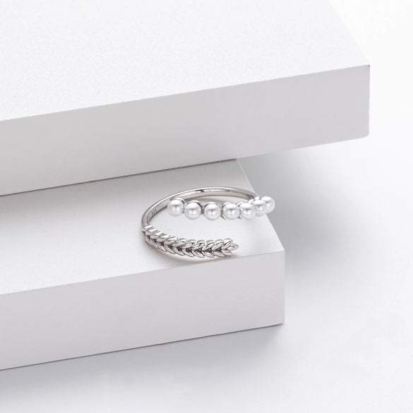 Wholesale Ring S925 Sterling Silver Pearl Wheat Floral Retro Style Electroplated