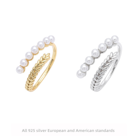 Wholesale Ring S925 Sterling Silver Pearl Wheat Floral Retro Style Electroplated