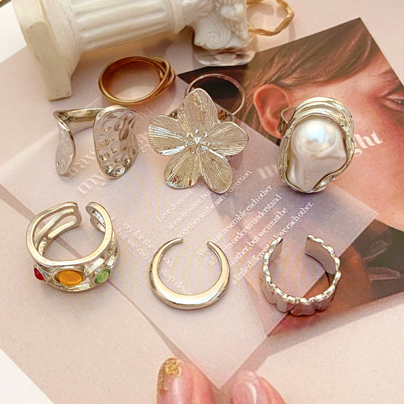 Wholesale Ring Set Alloy Imitation Pearl Flower Baroque Retro Electroplated For Women
