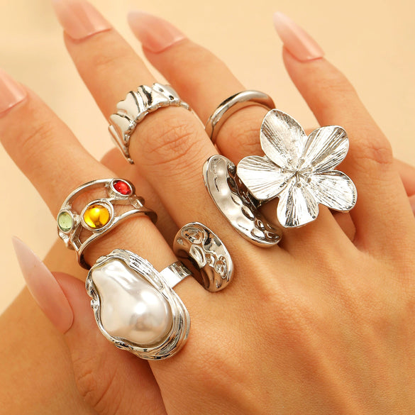 Wholesale Ring Set Alloy Imitation Pearl Flower Baroque Retro Electroplated For Women