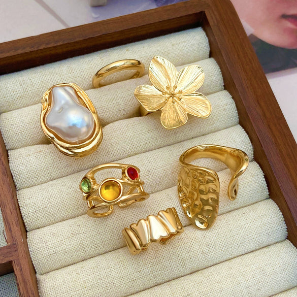 Wholesale Ring Set Alloy Imitation Pearl Flower Baroque Retro Electroplated For Women