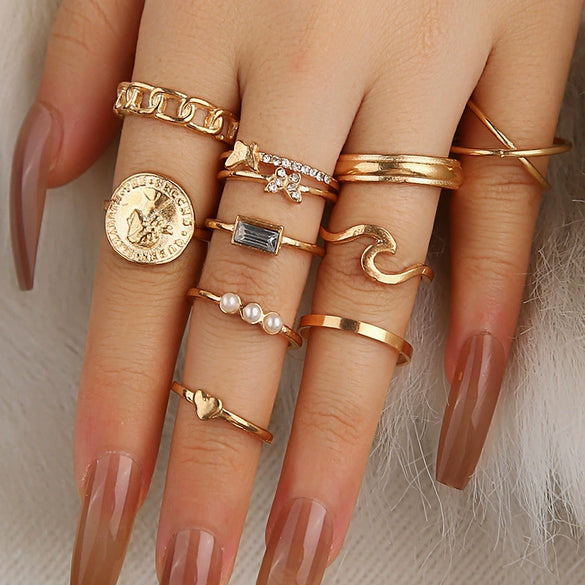 Wholesale Ring Set Alloy With Geometric Pattern Electroplated And Inlaid With Artificial And Semiprecious Stones Butterfly Love Design