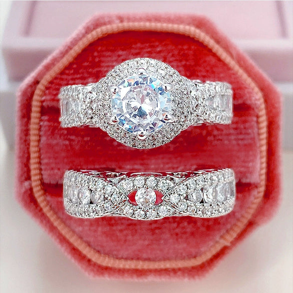 Wholesale Ring Set Copper Double Layer Micro Inlaid Zircon Ushaped Geometric Design Women's Couple Style