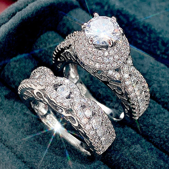 Wholesale Ring Set Copper Double Layer Micro Inlaid Zircon Ushaped Geometric Design Women's Couple Style