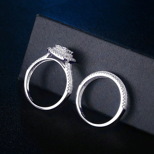 Wholesale Ring Set Luxury Couple Style Copper Plated White Gold Geometric Inlaid Zircon Jewelry