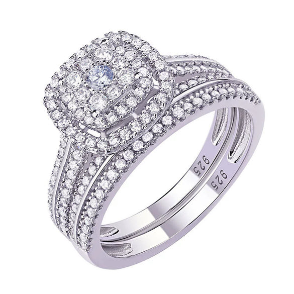 Wholesale Ring Set Luxury Couple Style Copper Plated White Gold Geometric Inlaid Zircon Jewelry