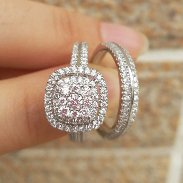 Wholesale Ring Set Luxury Couple Style Copper Plated White Gold Geometric Inlaid Zircon Jewelry
