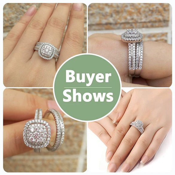 Wholesale Ring Set Luxury Couple Style Copper Plated White Gold Geometric Inlaid Zircon Jewelry