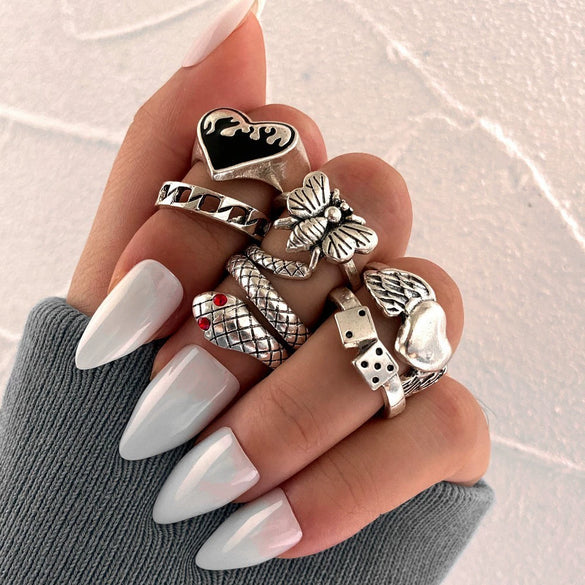 Wholesale Ring Set Retro Style Alloy Heart Shape Black Drip Glaze Zircon Electroplating