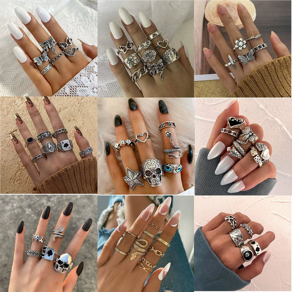 Wholesale Ring Set Retro Style Alloy Heart Shape Black Drip Glaze Zircon Electroplating