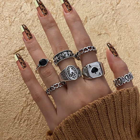 Wholesale Ring Set Retro Style Alloy Heart Shape Black Drip Glaze Zircon Electroplating