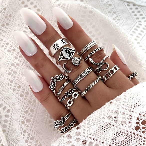 Wholesale Ring Set Retro Style Alloy Heart Shape Black Drip Glaze Zircon Electroplating