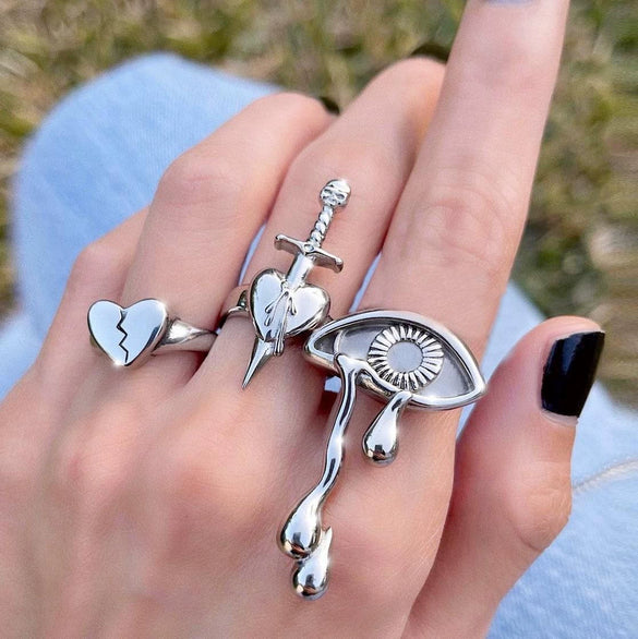 Wholesale Ring Set Retro Style Alloy Heart Shape Black Drip Glaze Zircon Electroplating