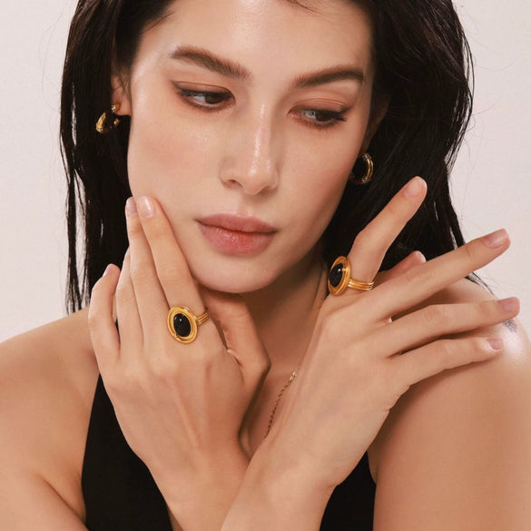 Wholesale Ring Stainless Steel Black Agate Geometric Light Luxury Electroplating