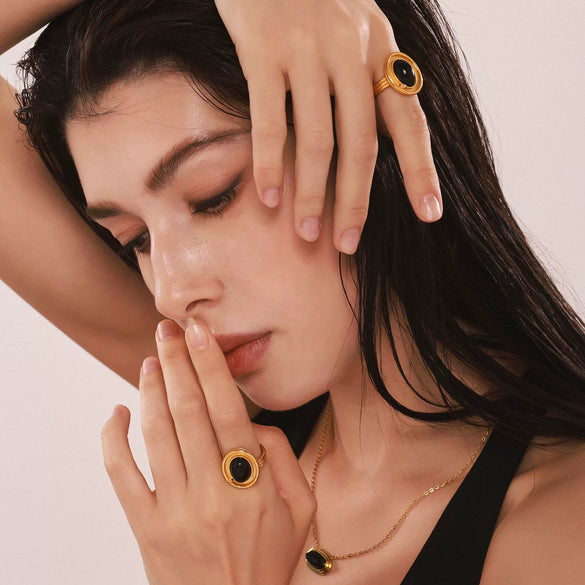 Wholesale Ring Stainless Steel Black Agate Geometric Light Luxury Electroplating