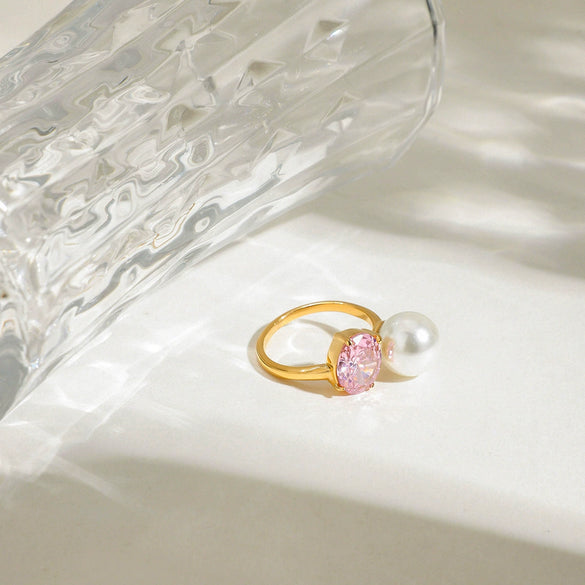 Wholesale Ring Stainless Steel Electroplating Geometric Style With Zirconium And Pearl For Women