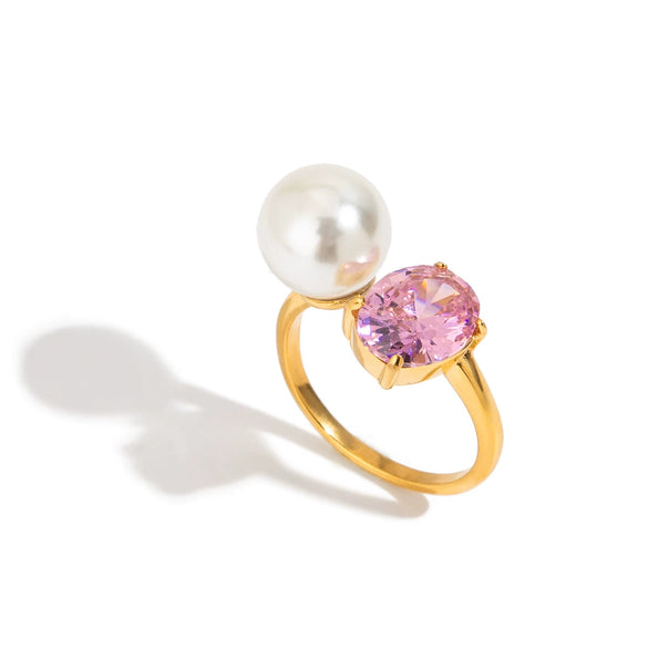 Wholesale Ring Stainless Steel Electroplating Geometric Style With Zirconium And Pearl For Women