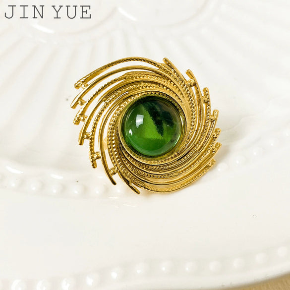 Wholesale Ring Stainless Steel Emerald Inlaid Spiral Vortex Retro Gear Style Electroplated