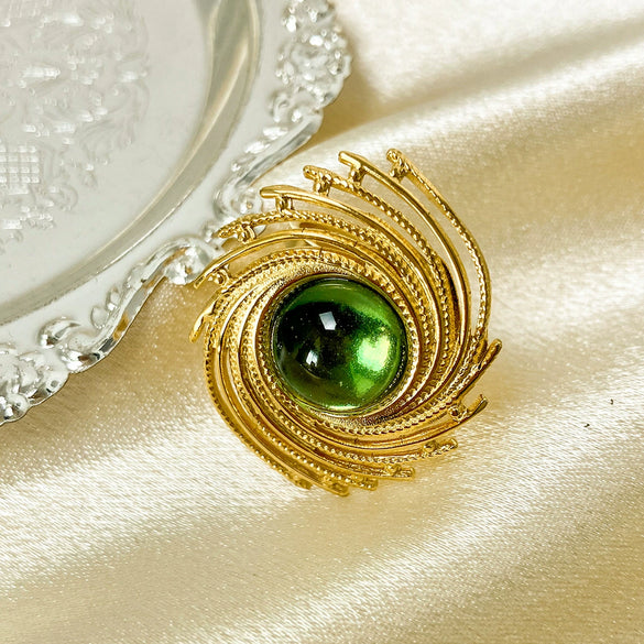 Wholesale Ring Stainless Steel Emerald Inlaid Spiral Vortex Retro Gear Style Electroplated