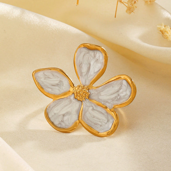 Wholesale Ring Stainless Steel Flower Black And White Enamel Electroplated For Women Retro Style