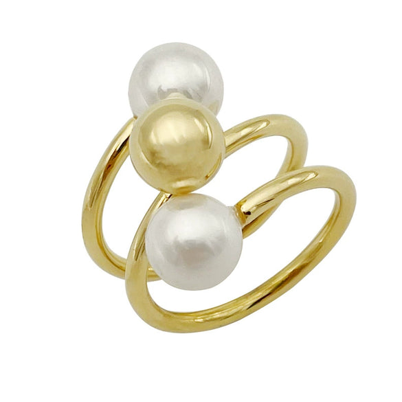 Wholesale Ring Stainless Steel French Retro Elegant Multilayer Freshwater Pearl Gold Bead Electroplated