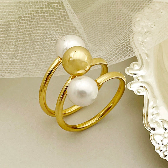 Wholesale Ring Stainless Steel French Retro Elegant Multilayer Freshwater Pearl Gold Bead Electroplated