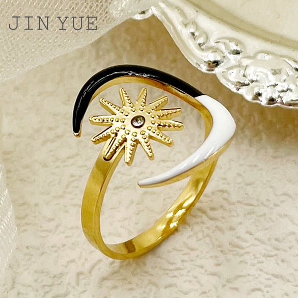 Wholesale Ring Stainless Steel Geometric Electroplated Black And White Moon Point Diamond Sun Style Natural