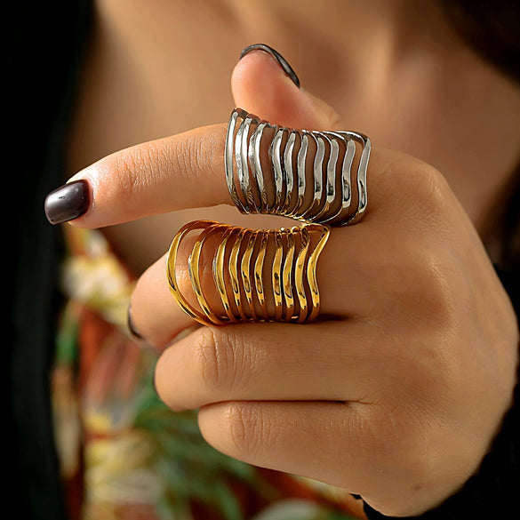 Wholesale Ring 316L Stainless Steel Geometric Electroplated Fashion Retro Exaggerated Hollow Multi Layer For Women